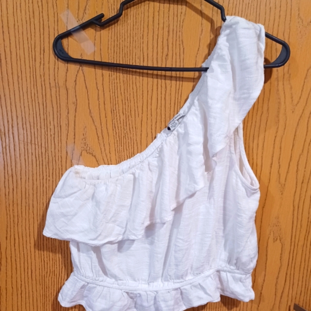 American Eagle Outfitters White One-Shoulder Ruffle Blouse